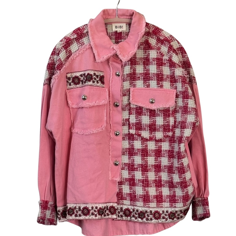 BIBI Pink Denim Tweed Lady Jacket Embroidered Flower Shacket Size Small
